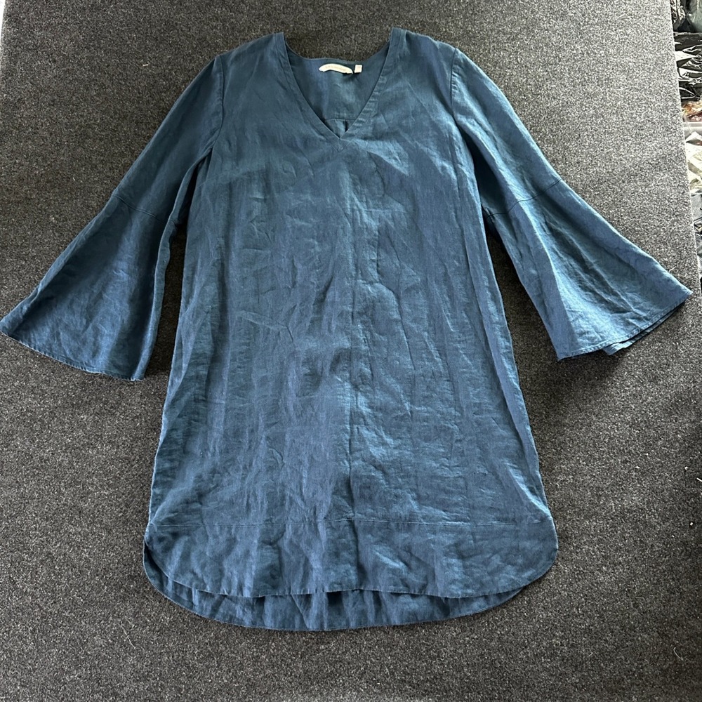 Soft Surroundings Blue 100% Linen V-Neck Bell Sleeve Tunic Top Dress Large 2FV89